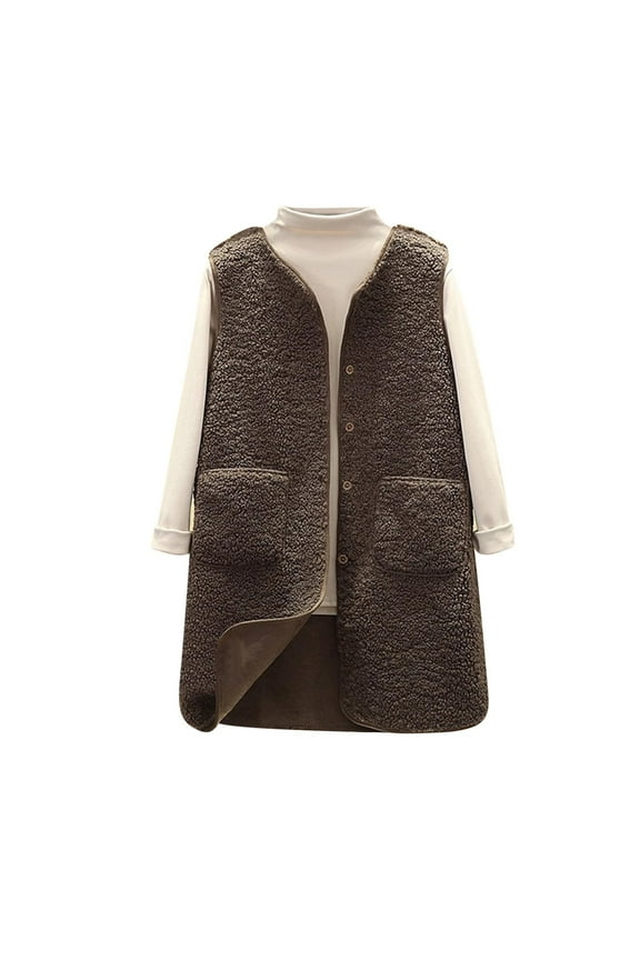 Fleece Vest for Women Winter Button Vest with Pockets Fuzzy Fluffy Sleeveless Jackets Coat Warm Lined 2025 Ladies Solid Jacket Khaki XL