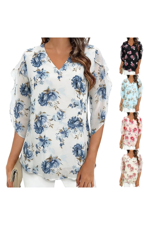 FNFYFH Flowy Chiffon Tops for Women Elegant V Neck Double Layer Blouses Drssy Casual Summer Shirt