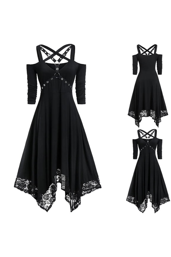 Gothic Dresses for Women Plus Size Lace Patchwork Off Shoulder Fairy Dress High Low A Line Steampunk Goth Dress