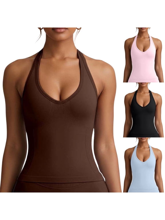 Halter Tank Tops Women Built in Bra Longline Workout Sports Bra Backless Gym Crop Tops