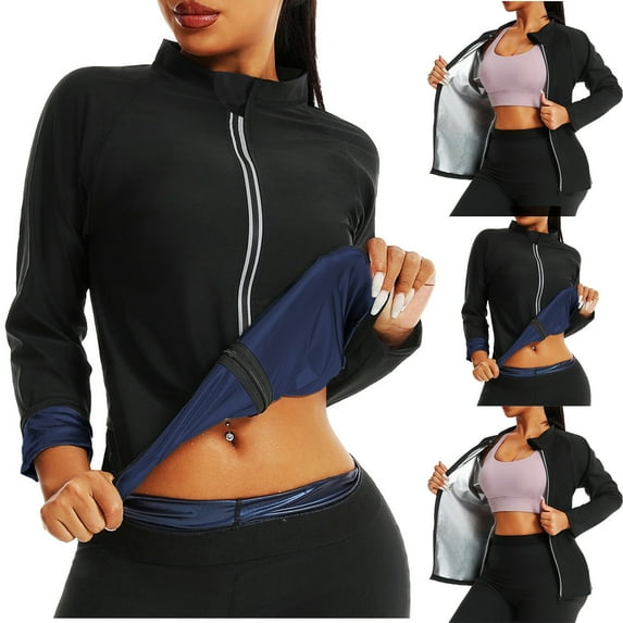 FNFYFH Heat Trapping Sauna Suit for Women Hot Sweat Body Shaper Jacket Waist Trainer Long Sleeve Zipper Shirt Workout Top
