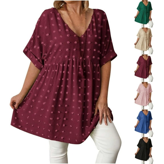 FNFYFH Holiday Dresses for Women Short Sleeve V Neck Mini Dress Cute Swiss Dot Patchwork Dress