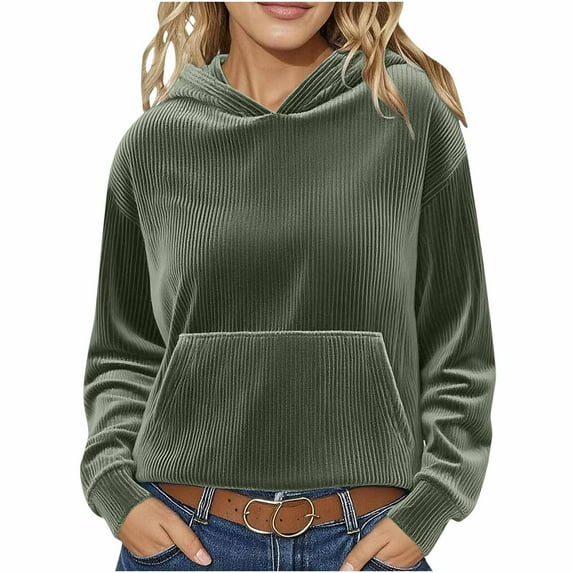 FNFYFH Hoodies for Women Corduroy Solid Color Hoodie Casual Long Sleeve Hooded Sweatshirts Cozy Warm Pullover Tops