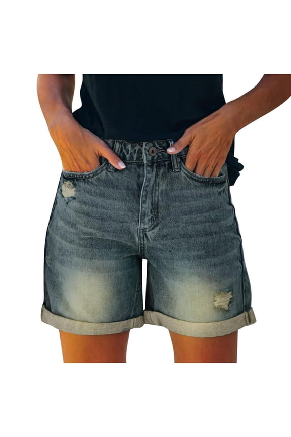 Jean Shorts Womens Stretchy High Waisted Ripped Denim Shorts Distressed Cut Off Jorts with Pockets
