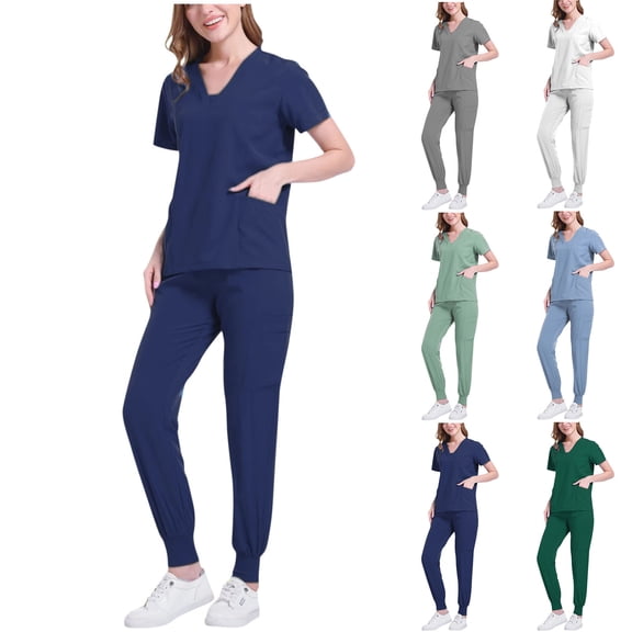 FNFYFH Jogging Scrubs Set for Women Soft and Stretchy Nurse Uniform V Neck Top and Yoga Jogger Pants with Multi Pockets