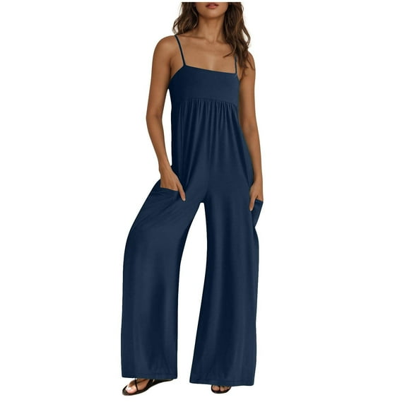 FNFYFH Jumpsuits for Women Spaghetti Strap Wide Leg One Piece Overalls Summer Rompers with Pockets Beach Vacation Casual