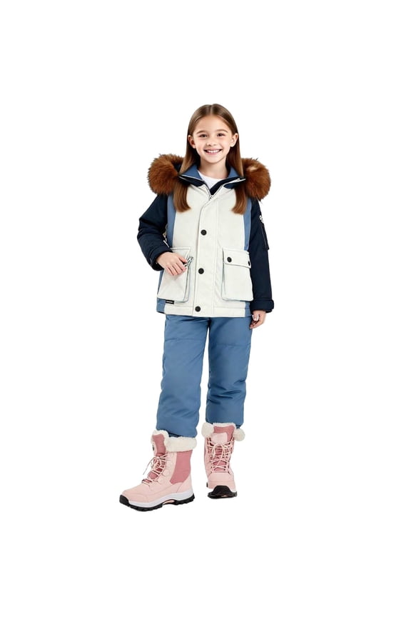 Kids 2 Piece Snowsuit Set Girls Winter Hooded Puffer Jacket and Snow Bib Pants Boys Waterpfoof Snowboarding Ski Suits Suits Winter Insulated Outfit