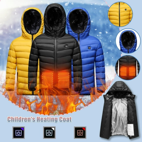 FNFYFH Kids Heated Jacket Zipper Long Sleeve Puffer Coat with Hood Winter Electric Jackets Coat with Pockets for Boy Girl 4-15Y