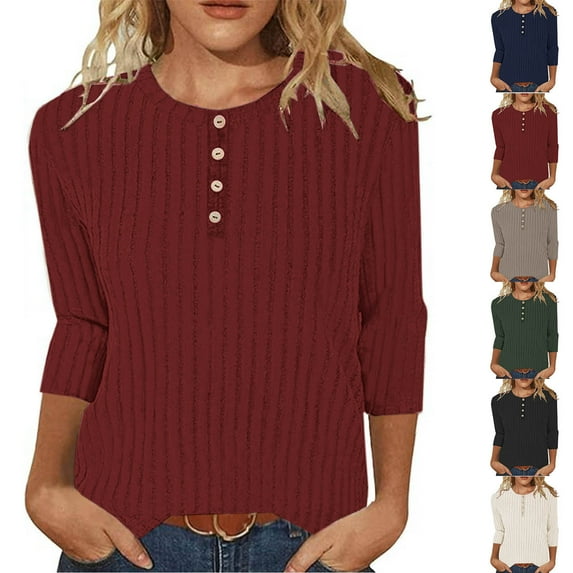 FNFYFH Knit Tops for Women 3/4 Sleeve Tunic Shirts Comfy Button Down Blouse Solid Three Quarter Sleeves Tees,Wine