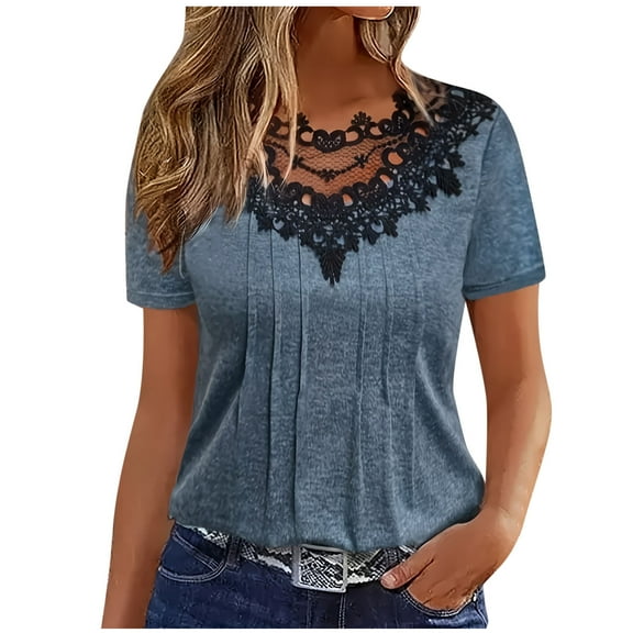 FNFYFH Lace Shirts for Women V Neck Short Sleeve T-Shirt Summer Comfy Solid Tees,Navy