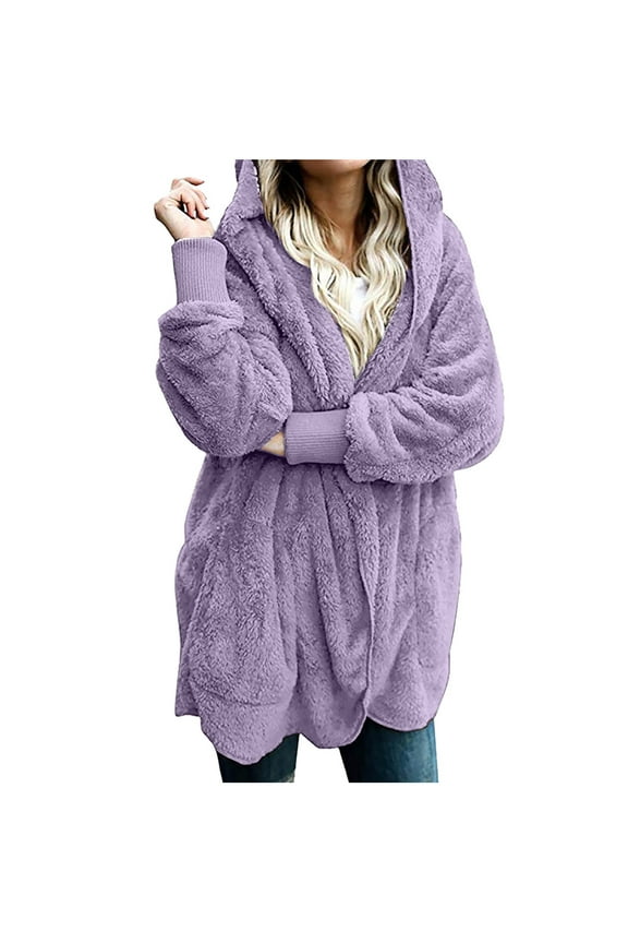 Ladies Fleece Cardigan Sweater Open Front Long Sleeve Hooded Cardigans 2025 Solid Fluffy Outerwear Coat Soft Comfy Sweater for Women S-XXL