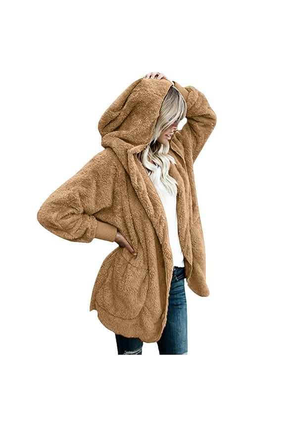 Ladies Fleece Cardigan Sweater Open Front Long Sleeve Hooded Cardigans 2025 Solid Fluffy Outerwear Coat Soft Comfy Sweater for Women S-XXL