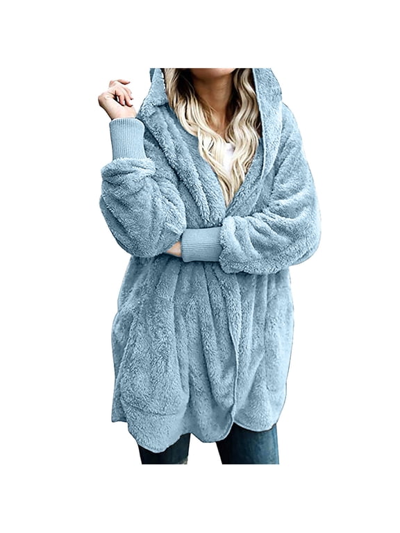 Ladies Fleece Cardigan Sweater Open Front Long Sleeve Hooded Cardigans 2025 Solid Fluffy Outerwear Coat Soft Comfy Sweater for Women S-XXL
