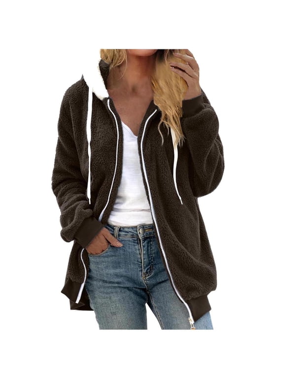 Ladies Plus Size Zipper Hoodies Drawstring Fleece Hooded Coat with Pockets Fuzzy Furry Long Sleeve Jackets Outerwear Solid Coats Blue S-5XL