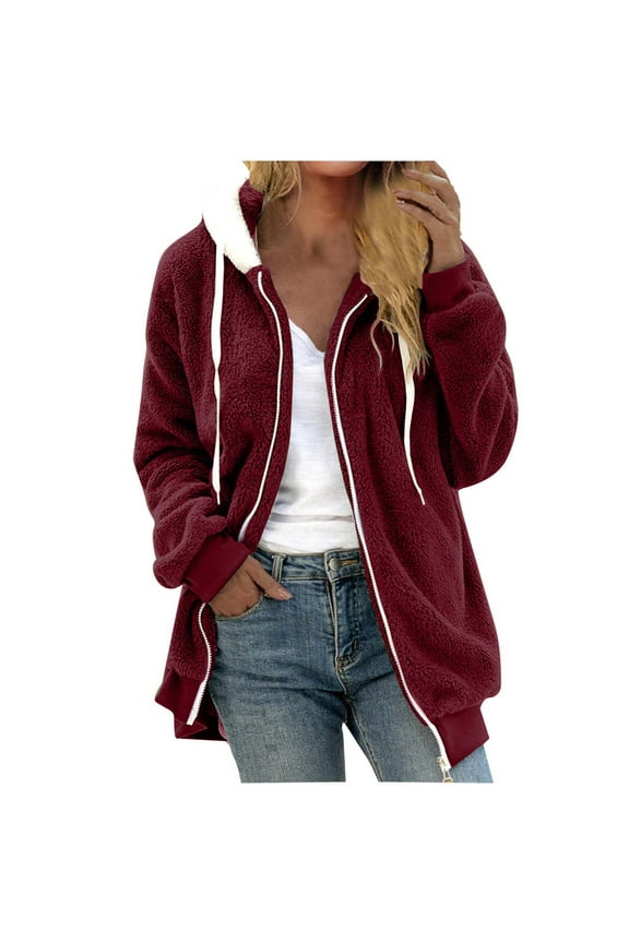 Ladies Plus Size Zipper Hoodies Drawstring Fleece Hooded Coat with Pockets Fuzzy Furry Long Sleeve Jackets Outerwear Solid Coats Blue S-5XL