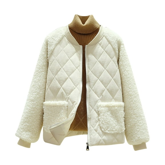 FNFYFH Women's Quilted Lightweight Jackets Long Sleeve Zipper Puffer Jacket Fuzzy Sherpa Patchwork Warm Coats Trendy Bomber Jacket