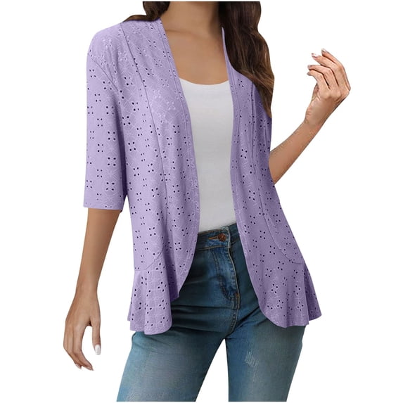 FNFYFH Lightweight Summer Cardigans for Women Netted Knit Half Sleeve Kimono Cover Up Draped Ruffles Open Front Cardigan