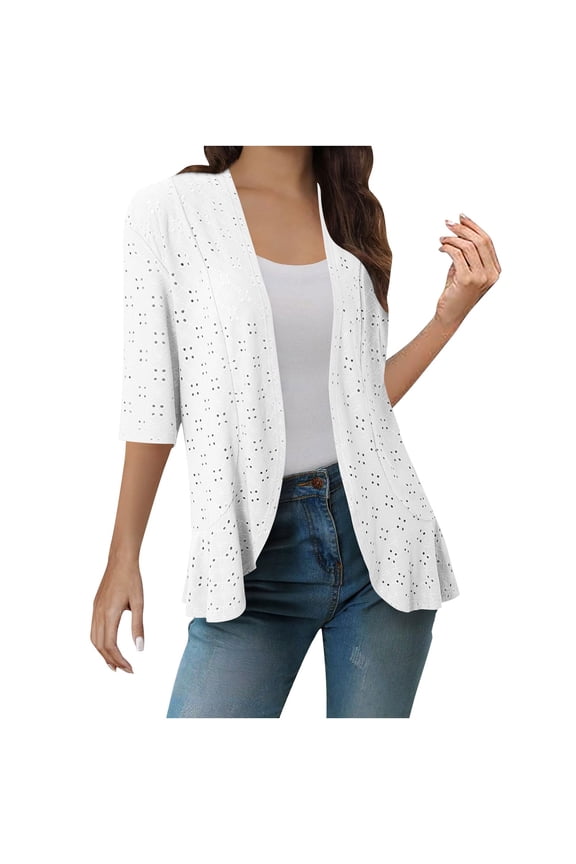Lightweight Summer Cardigans for Women Netted Knit Half Sleeve Kimono Cover Up Draped Ruffles Open Front Cardigan