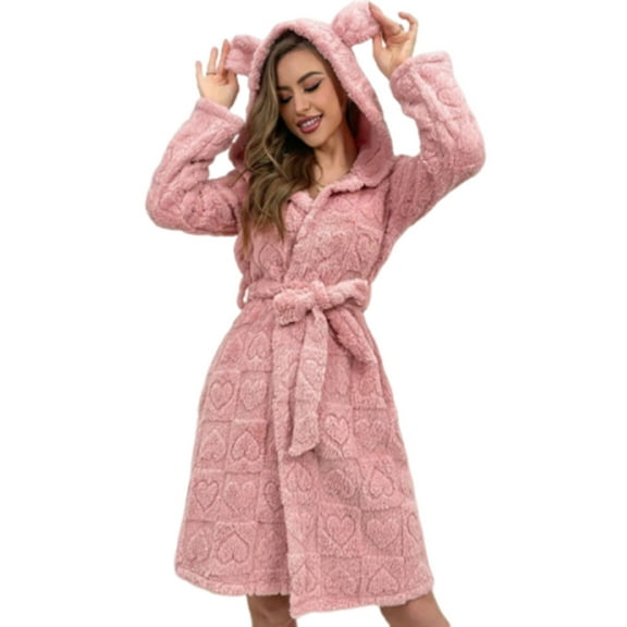 FNFYFH Long Premium Fleece Robe for Women Plush Hooded Nightgown with Ears Warm Sleepwear with Pockets