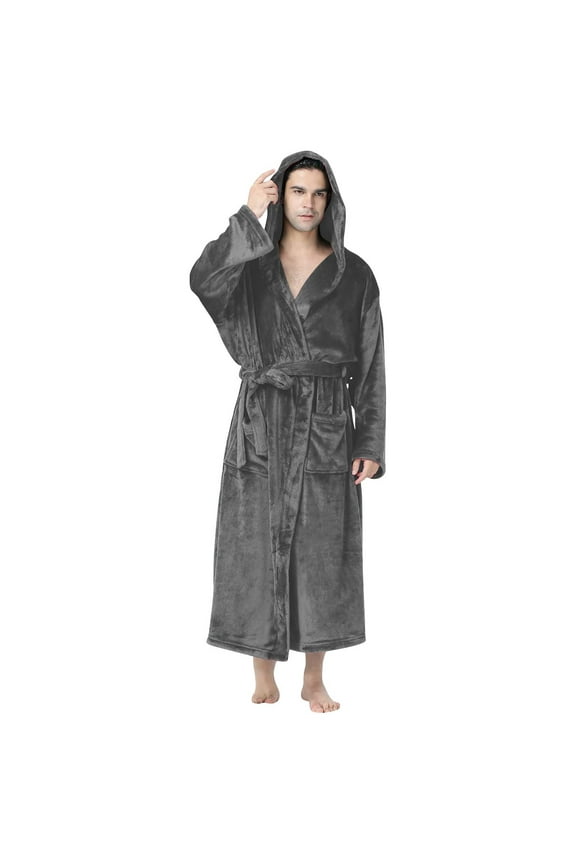 Long Robes for Men Big and Tall Hooded Flannel Robe Lightweight Soft Spa Bath Robe Cozy Warm Housecoat with Pockets and Belt
