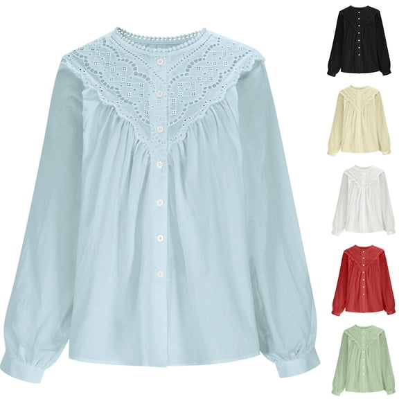 FNFYFH Long Sleeve Cotton Shirt for Women Lace Crochet Button Down Boho Victorian Shirts Dressy Casual Pleated Blouse