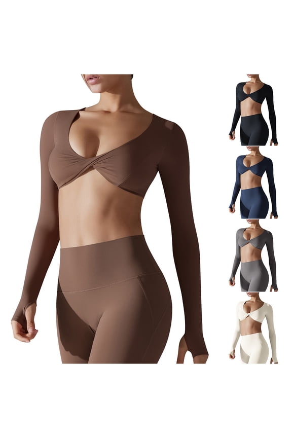 Long Sleeve Crop Tops for Women Twist Deep V Neck Quick Dry Workout Cropped T Shirt Slim Fit Stretch Yoga Gym Top