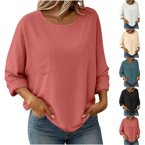 FNFYFH Long Sleeve Shirt for Women Oversized Crew Neck Tshirt Loose Fit Tunic Tops with Pockets