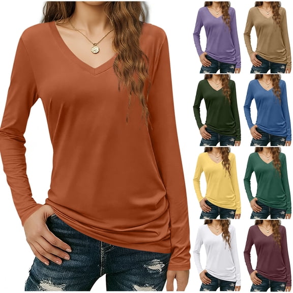 FNFYFH Long Sleeve Shirt for Women V Neck Pullover Tops Casual Soft Solid Basic Tees