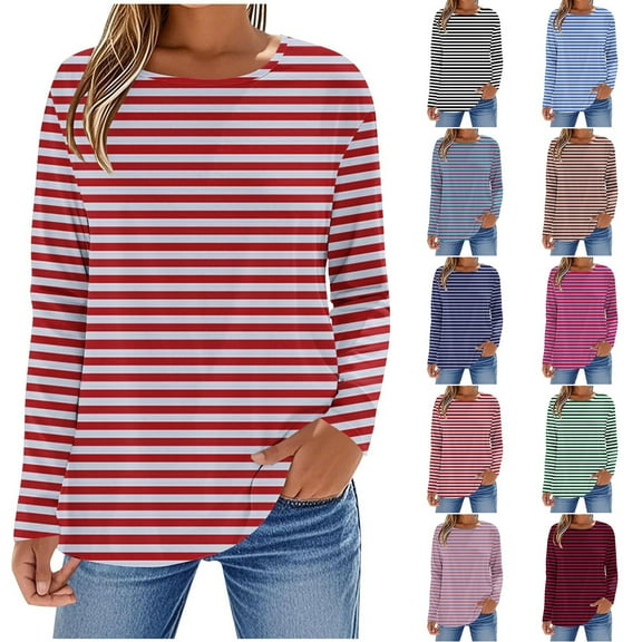 FNFYFH Long Sleeve Shirts for Women Casual Crew Neck Striped Shirt Loose Fit Comfy Basic Fall Tops
