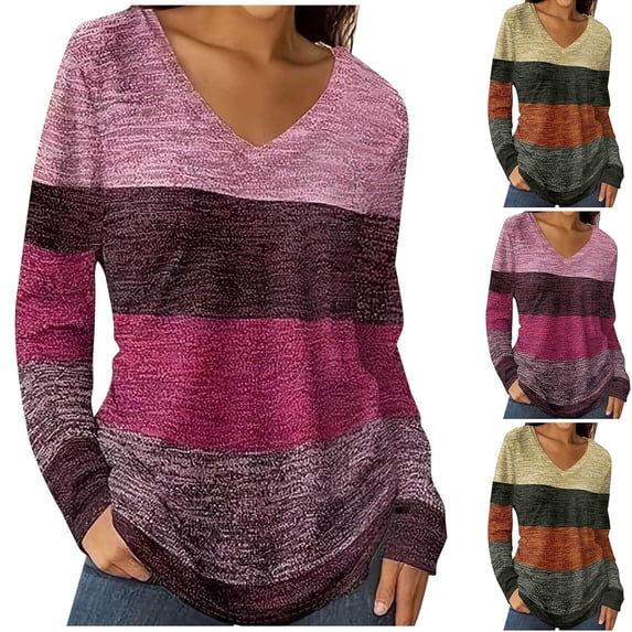 FNFYFH Long Sleeve Shirts for Women Color Block V Neck T Shirts Loose Fit Tunic Tops