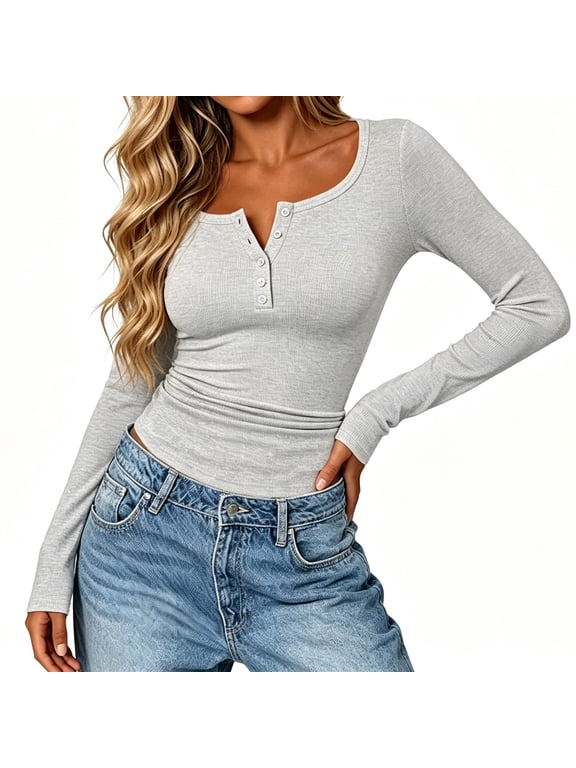 FNFYFH Long Sleeve Shirts for Women Henley Button Down Tops Ribbed Knit Slim Fit Fall Basic Tee 2026 Casual Trendy Clothes