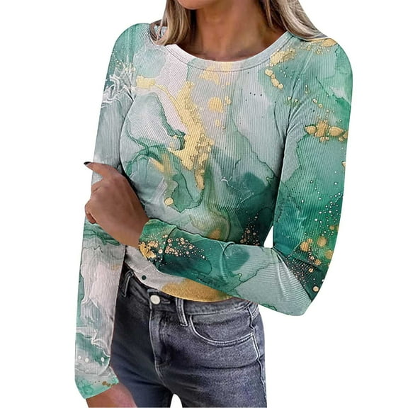 FNFYFH Long Sleeve Shirts for Women Stretch Ribbed Crewneck T Shirt Slim Fit Casual Basic Copped Tops