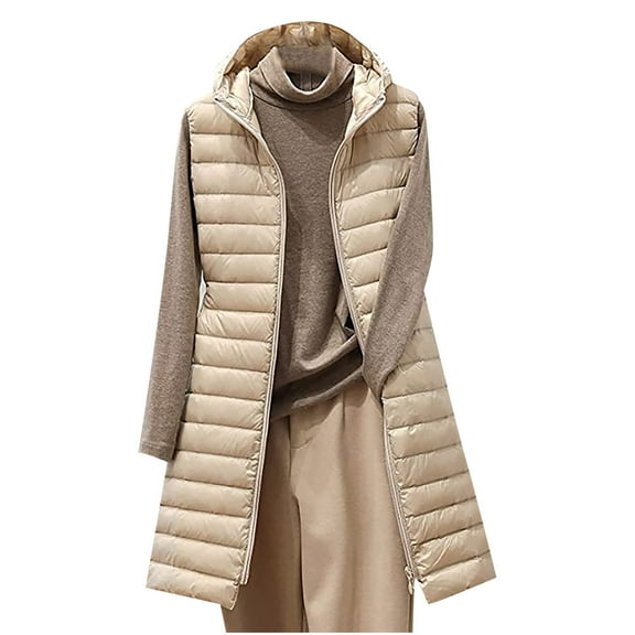 FNFYFH Long Vest for Women Sleeveless Puffy Jacket Hooded Zip Up Winter Waistcoat Slim Fit Puffer Vest Quilted Jackets