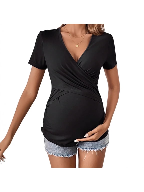 Maternity Cotton Tops for Women Crossover V Neck Short Sleeve Pregnancy T-Shirt Stretch Maternity Yoga Workout Shirt