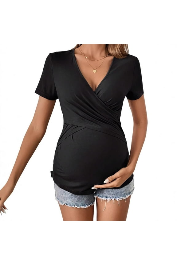 Maternity Cotton Tops for Women Crossover V Neck Short Sleeve Pregnancy T-Shirt Stretch Maternity Yoga Workout Shirt