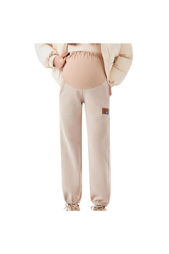 Maternity Fleece Lined Joggers Pants Thermal Sweatpants Pockets Over The Belly Stretchy Workout Pregnancy Pants