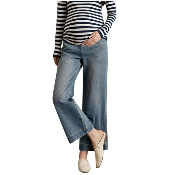 FNFYFH Maternity Jeans for Women Straight Leg Over Belly Stretchy Pregnancy Denim Pants Comfy Ankle Length Maternity Pants with Pockets