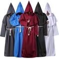 thumbnail image 1 of FNFYFH Medieval Monk Robe Priest Robe Halloween Cosplay Costume Cloak Renaissance Hooded Cape Cross Necklace Robe Belt Accessories Outfit for Carnival Role Play Party, 1 of 4
