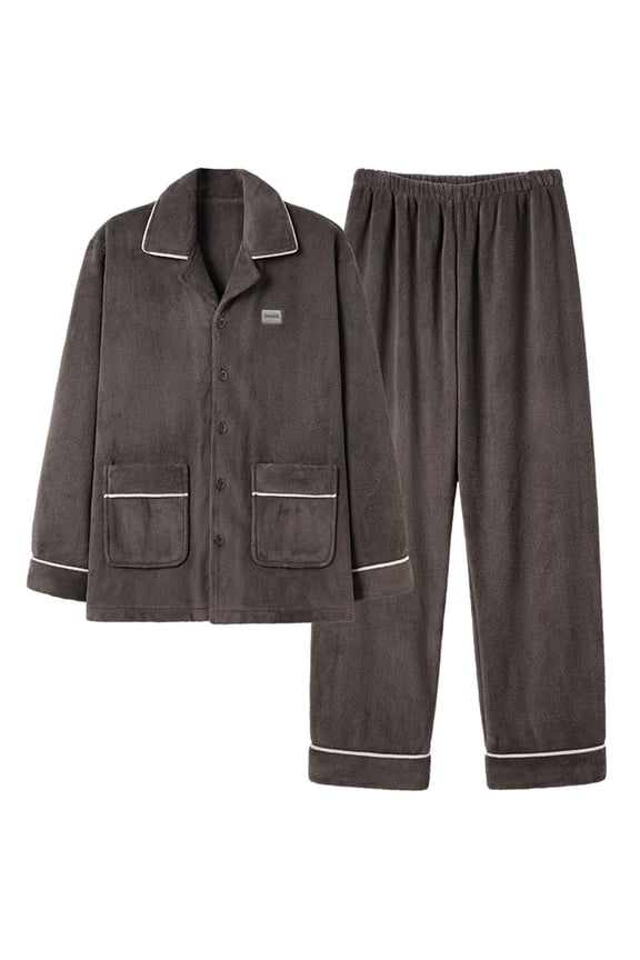 Men Big and Tall Fleece Pajama Set Long Sleeve Button Down Two Piece Sleepwear Soft Lounge Set