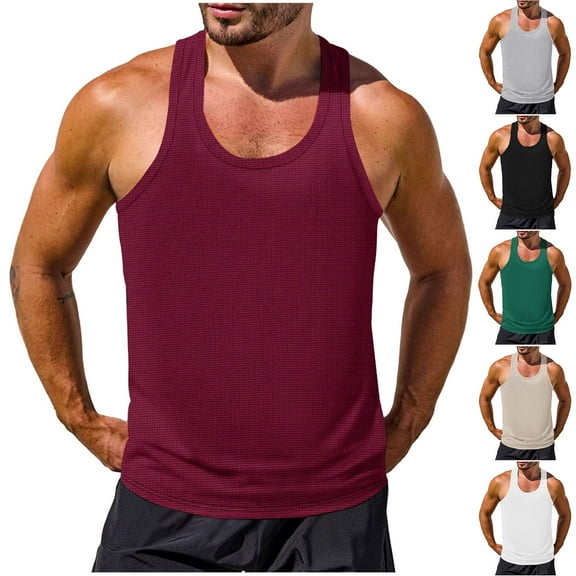 FNFYFH Men Waffle Knit Tank Top Y-Back Muscle Tee Shirt Stringer Bodybuilding Sleeveless T-Shirts