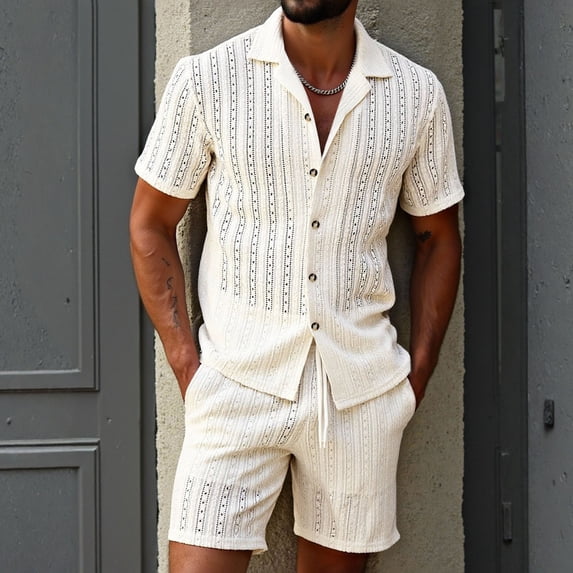 FNFYFH Men's 2 Piece Outfit Hollow Out Knit Button Down Shirt and Short Sets Crochet Summer Beach Vacation Set