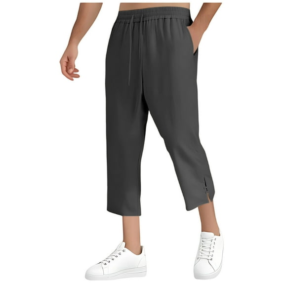 FNFYFH Men's Big and Tall Capri Pants Casual Lightweight 3/4 Baggy Pants Drawstring Elastic Waist Beach Yoga Pants with Pockets