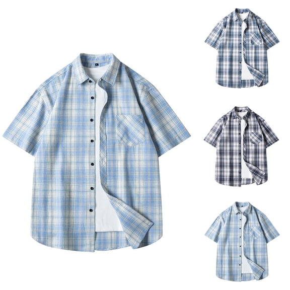 FNFYFH Men's Big and Tall Plaid Button Down Shirt Short Sleeve Gingham Shirt Regular Fit Poplin Shirt