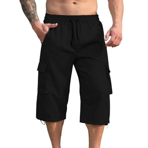 FNFYFH Men's Capri Long Elastic Twill Cargo Shorts Below Knee Shorts 3/4 Cargo Relaxed Fit Casual Shorts with Multi-Pockets