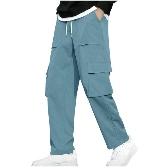 FNFYFH Men's Casual Cargo Pants Elastic Waist Drawstring Wide Leg Sweatpants Tactical Loose Fit Pants with Multi Pockets