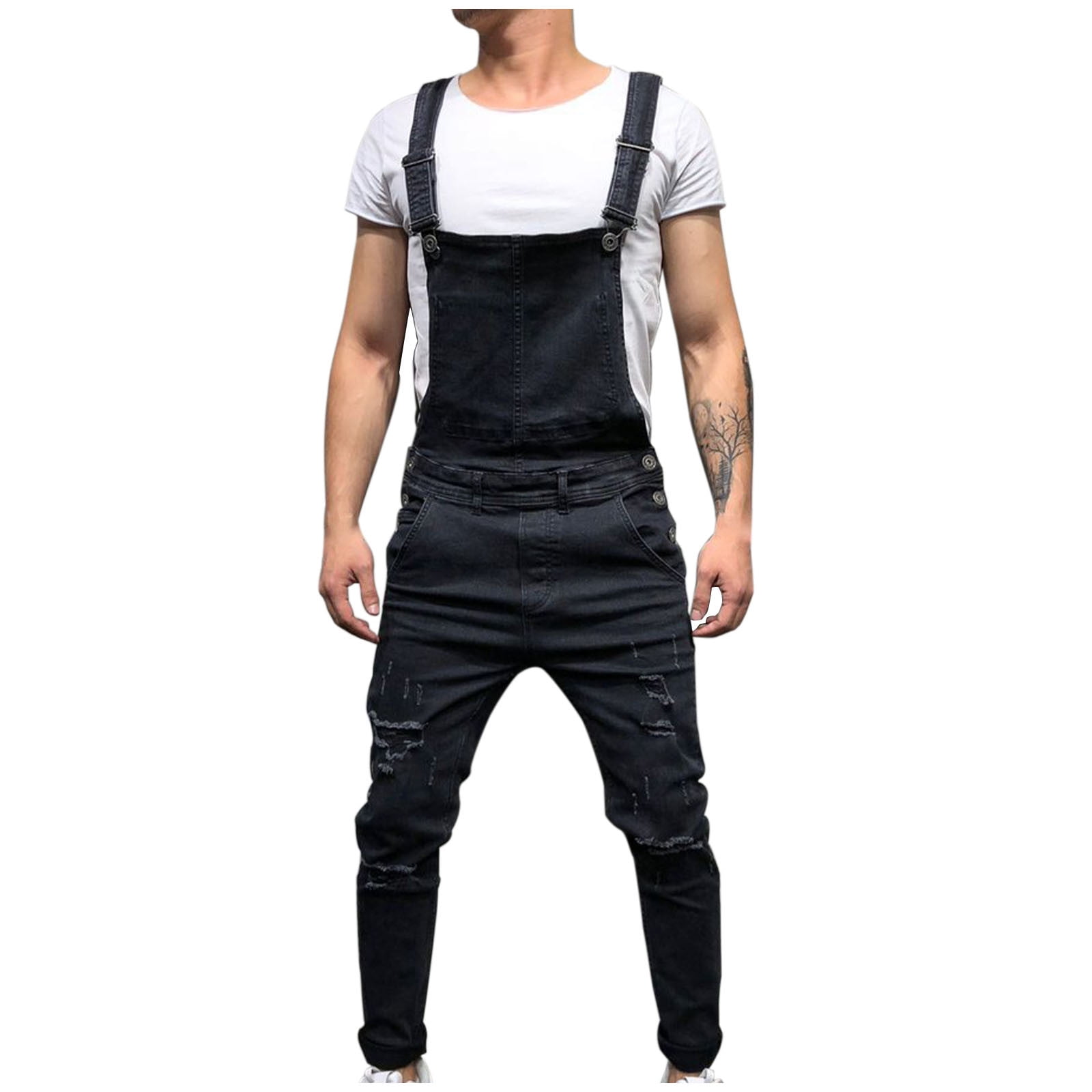 FNFYFH Men's Denim Bib Overalls Fashion Slim Fit Ripped Jeans Stretchy ...