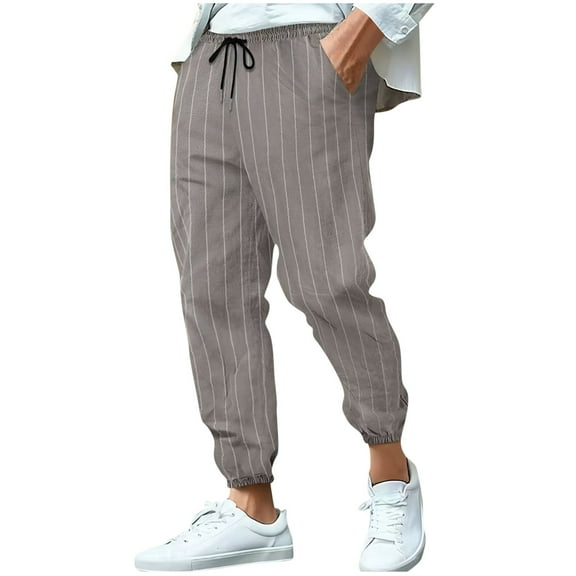 FNFYFH Men's Linen Joggers Striped Summer Beach Pants Lightweight Drawstring Yoga Pants with Pockets and Elastic Cuffs