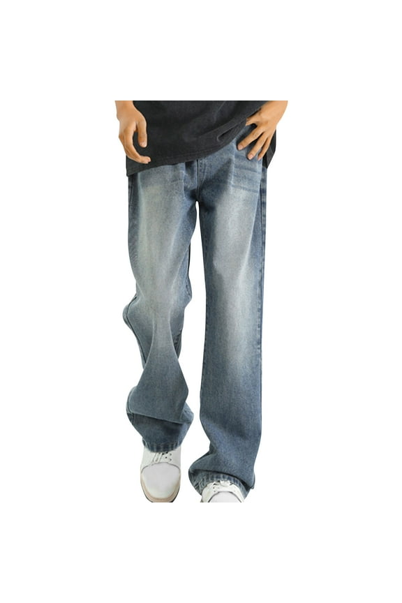 Men's Loose Fit Straight Leg Denim Jeans Baggy Wide Leg Plain Hip Hop Pants Y2K Skater Trousers Streetwear with Pockets