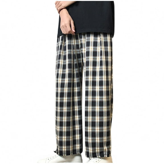 FNFYFH Men's Plaid Print Drawstring Waist Pants Loose Fit Casual Joggers Y2K Track Cuff Sweatpants with Pocket