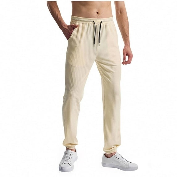 FNFYFH Men's Ribbed Knit Joggers Textured Drawstring Sweatpants Loose Fit Athletic Track Pants with Pockets